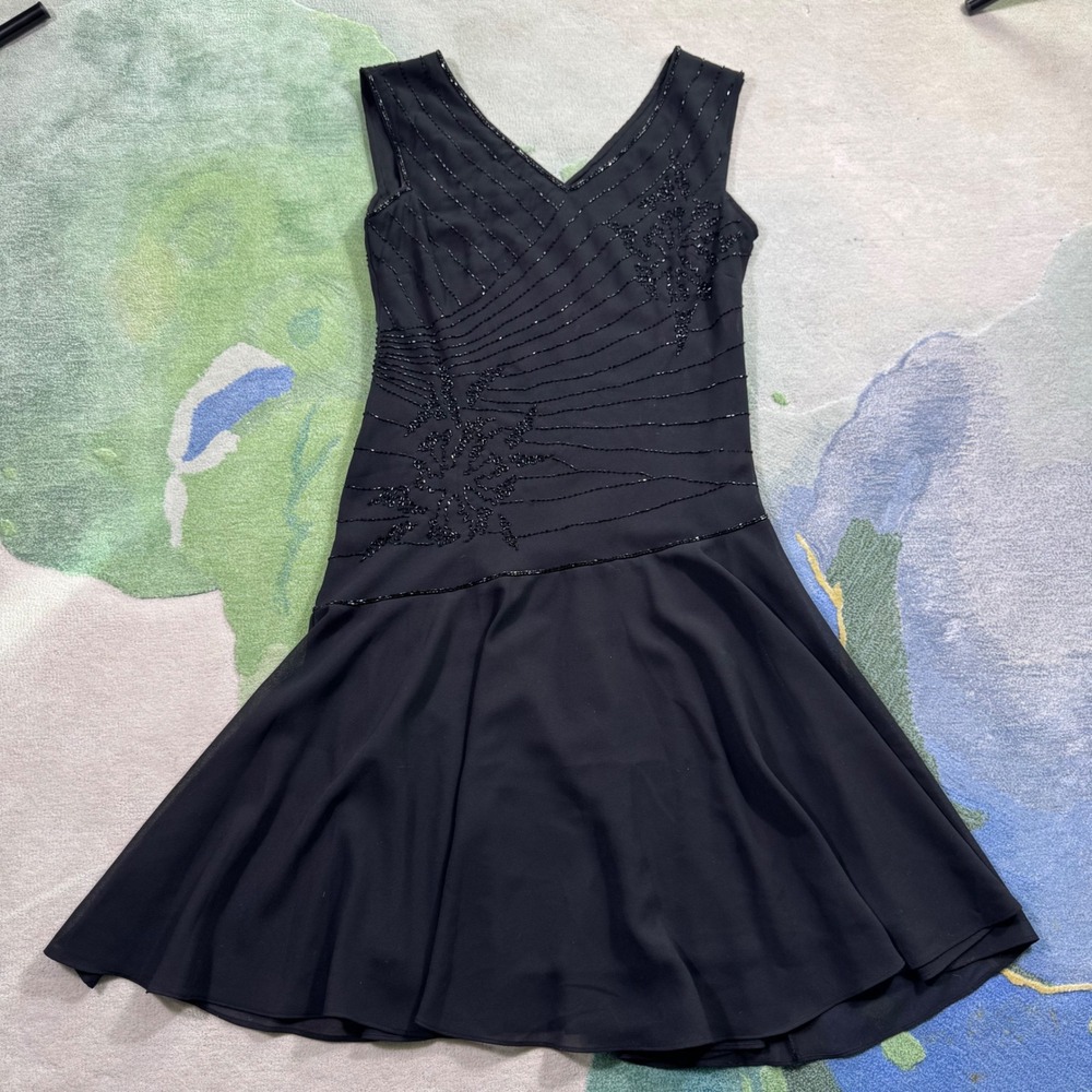 Vintage Black Beaded Drop Waist Cocktail Dress Sleeveless V-Neck Flared Skirt